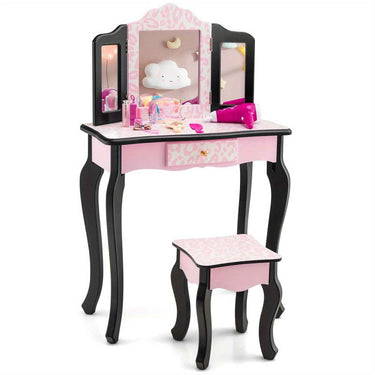 Pink Kids Vanity Makeup Set Pink Bedroom Dresser with Stool Set and Tri-Folding Mirror